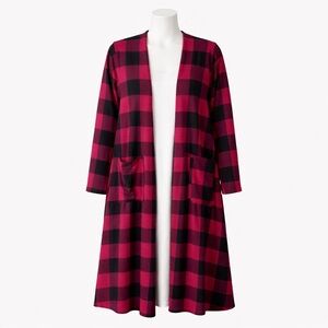 Size L LuLaRoe Womens Sarah Duster Cardigan Red Black Buffalo Plaid Long Sweater